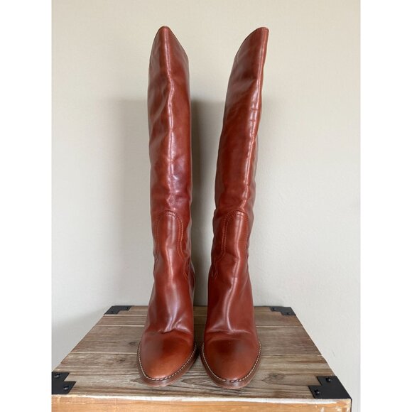 ZARA Brown Genuine Leather Pointy Toe Western Stitch Knee High Boots Size 9 - Picture 3 of 14